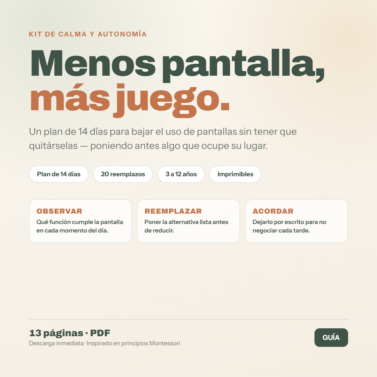 Menos pantalla, más juego — guía de 13 páginas en PDF con un plan de 14 días